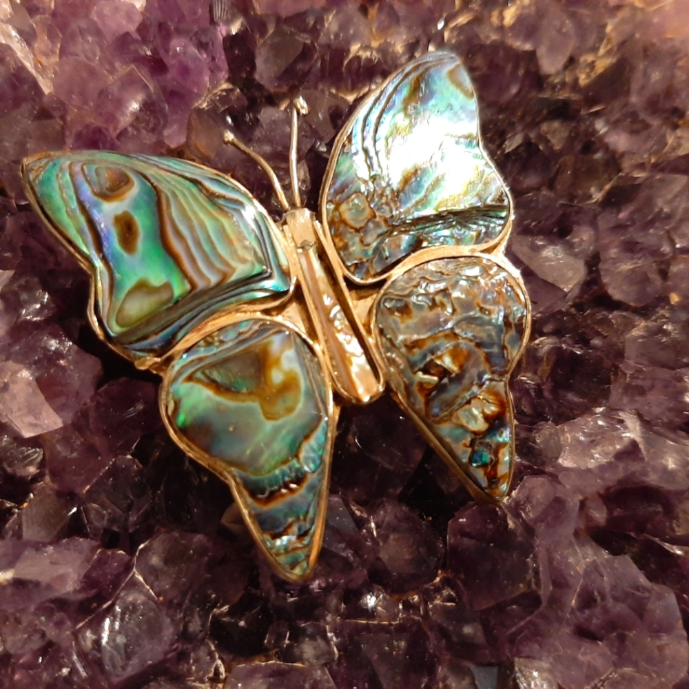 Vintage Abalone and Silver Butterfly Brooch